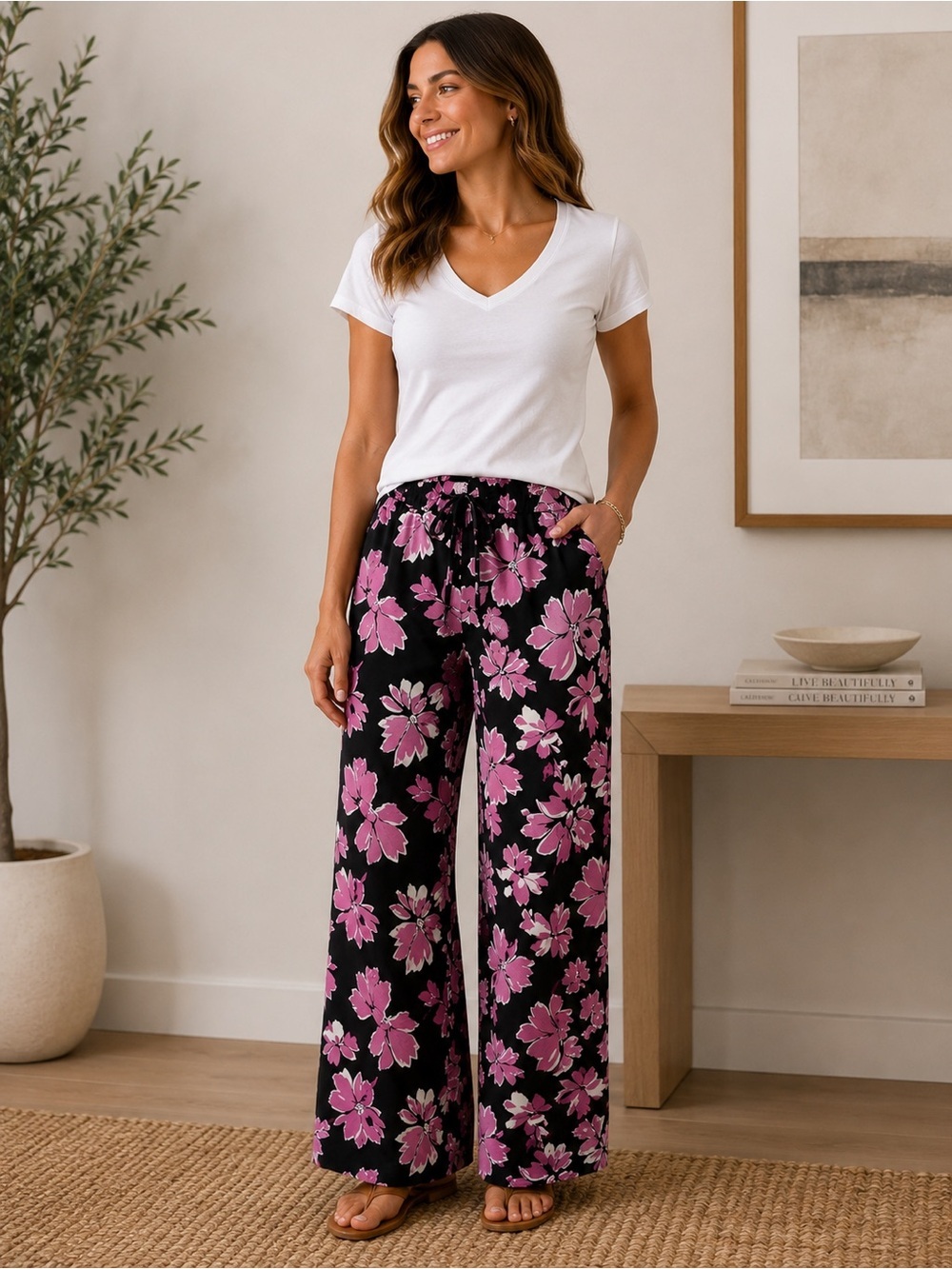 Vince Camuto Floral Wide Leg Pants XS Black Pink Pull-On